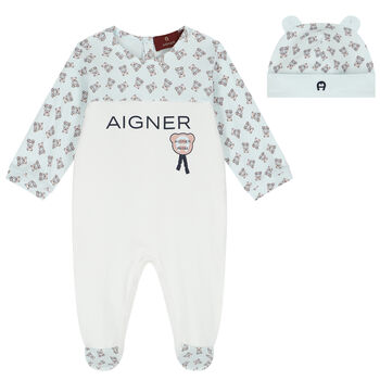 Baby Boys Blue & White Logo Babygrow Set