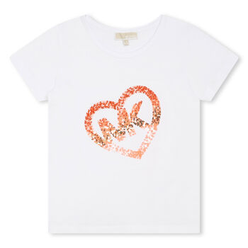 Girls White Sequin Heart Logo T-Shirt