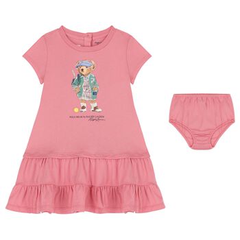 Baby Girls Pink Polo Bear Dress Set