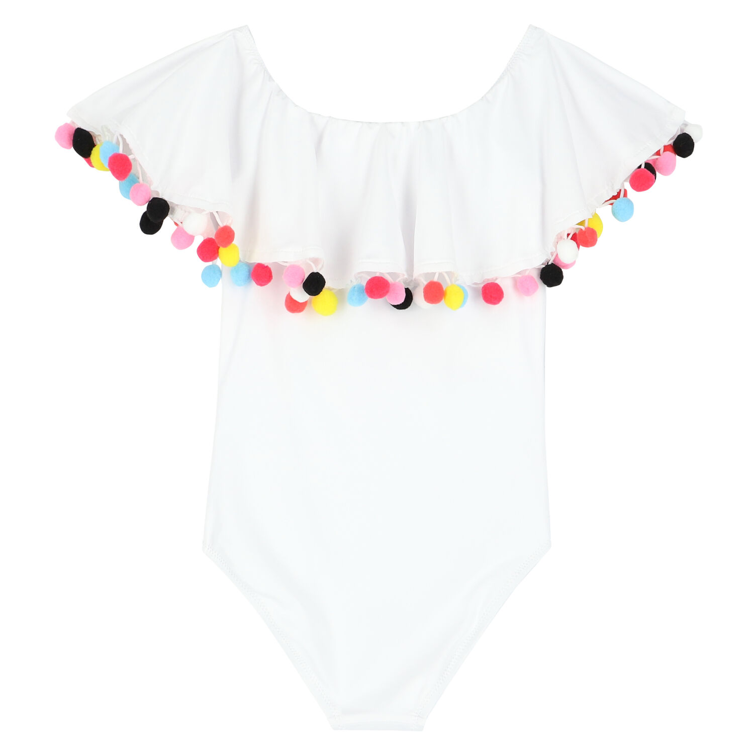 Girls White Pom-Pom Swimsuit, 1, hi-res