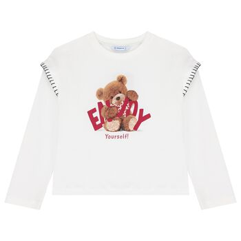 Girls White Teddy Bear Long Sleeve Top