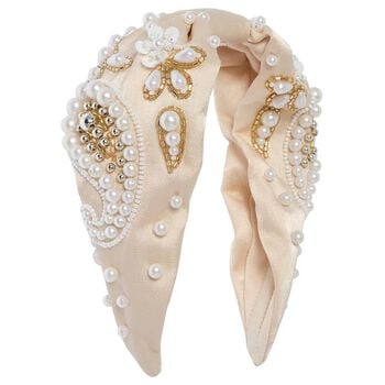 رابطه رأس للبنات مزينه باللؤلؤ والخرز باللون البيج 