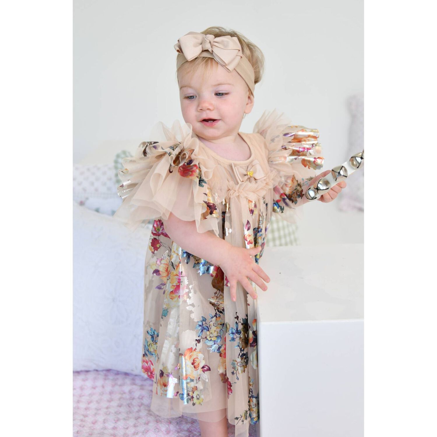 Baby Girls Beige Tulle Flowers Dress, 2, hi-res
