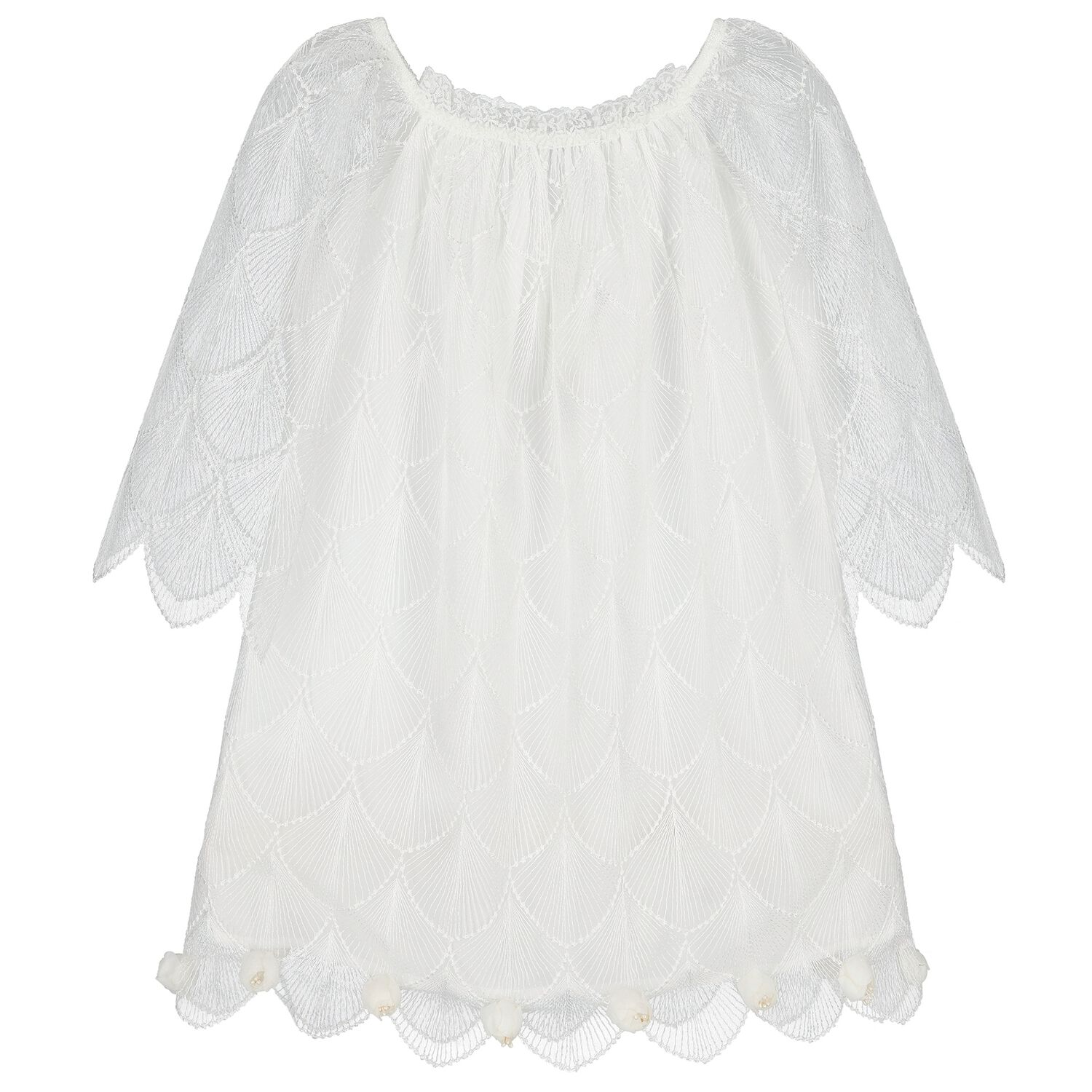 Girls White Scallop Lace Dress, 1, hi-res