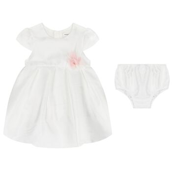 Baby Girls White Flower Satin Dress Set