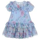 Girls Blue Floral Tulle Dress, 2, hi-res