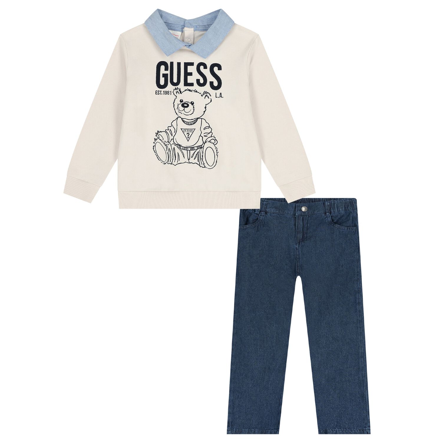 Boys Ivory & Blue Teddy Bear Logo Trousers Set, 1, hi-res