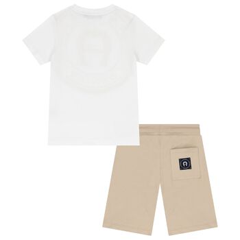 Boys White & Beige Logo Shorts Set