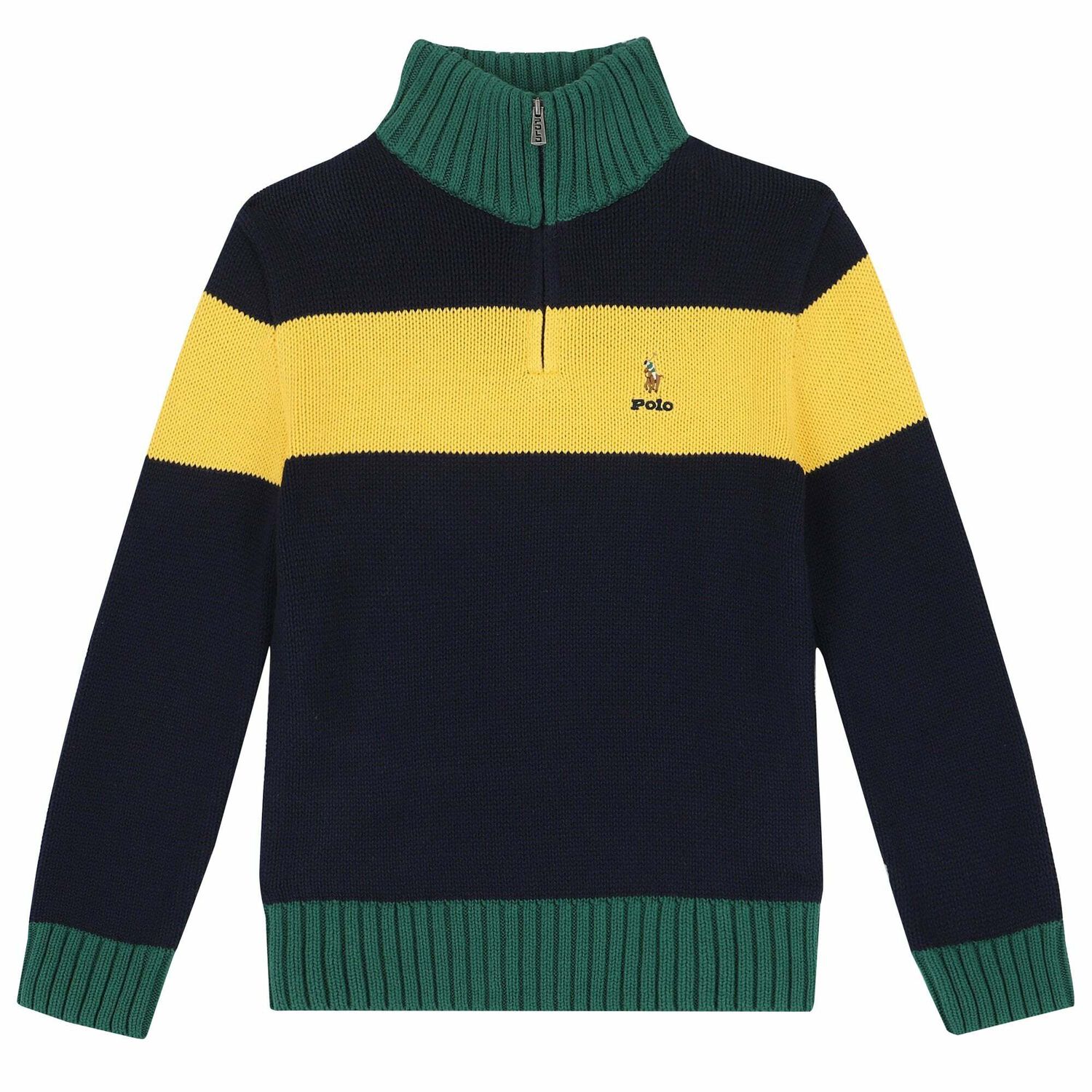 Boys Green, Navy & Yellow Logo Knitted Top, 1, hi-res image number null