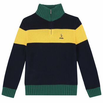 Boys Green, Navy & Yellow Logo Knitted Top