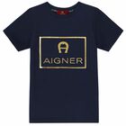 Boys Navy & Gold Logo T-Shirt, 1, hi-res