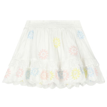 Girls White Embroidered Flower Skirt