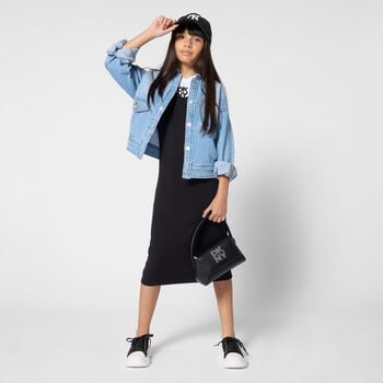 طقم فستان بالشعار تصميم ميني مي باللون الأبيض والأسود للبنات