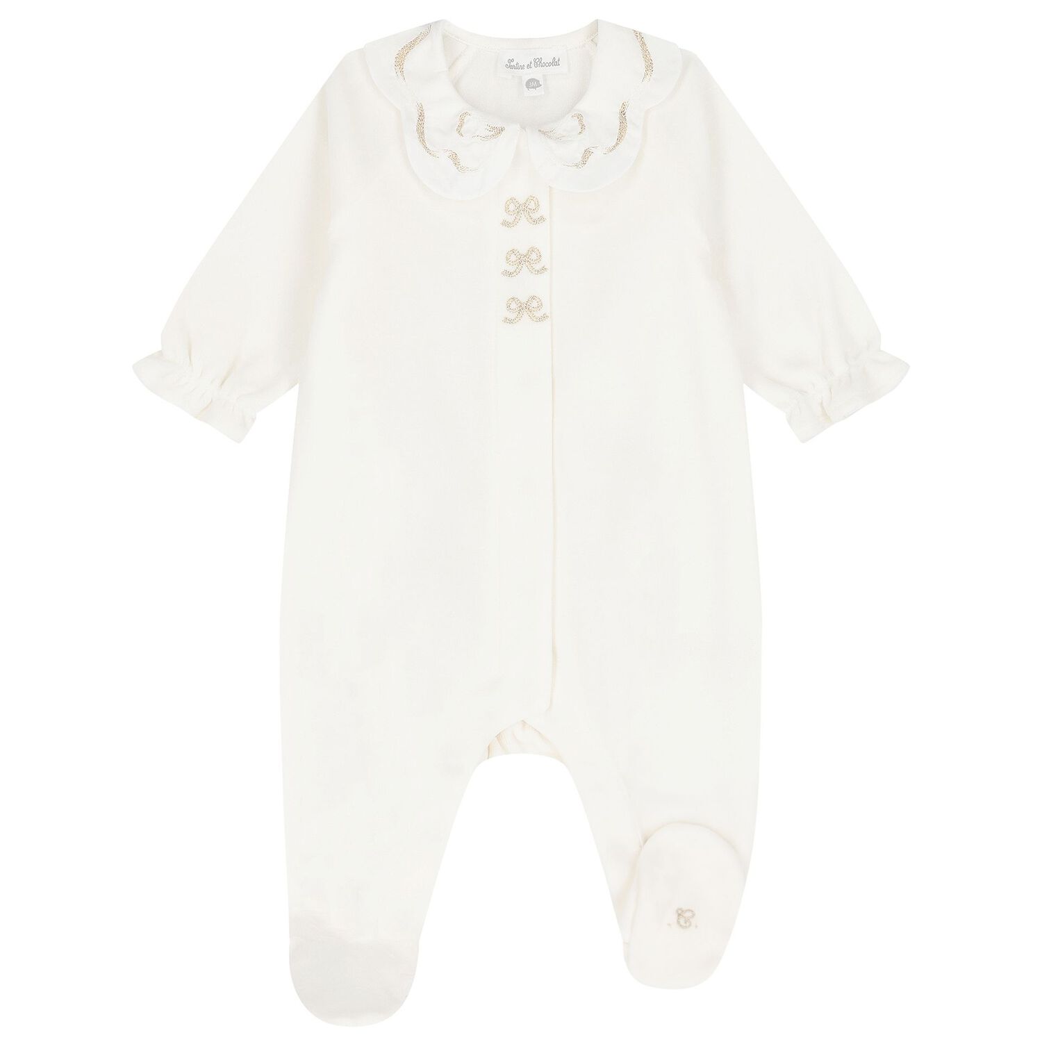 Baby Girls Ivory Bow Velour Babygrow, 1, hi-res