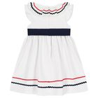 Girls White & Navy Blue Bow Dress, 1, hi-res