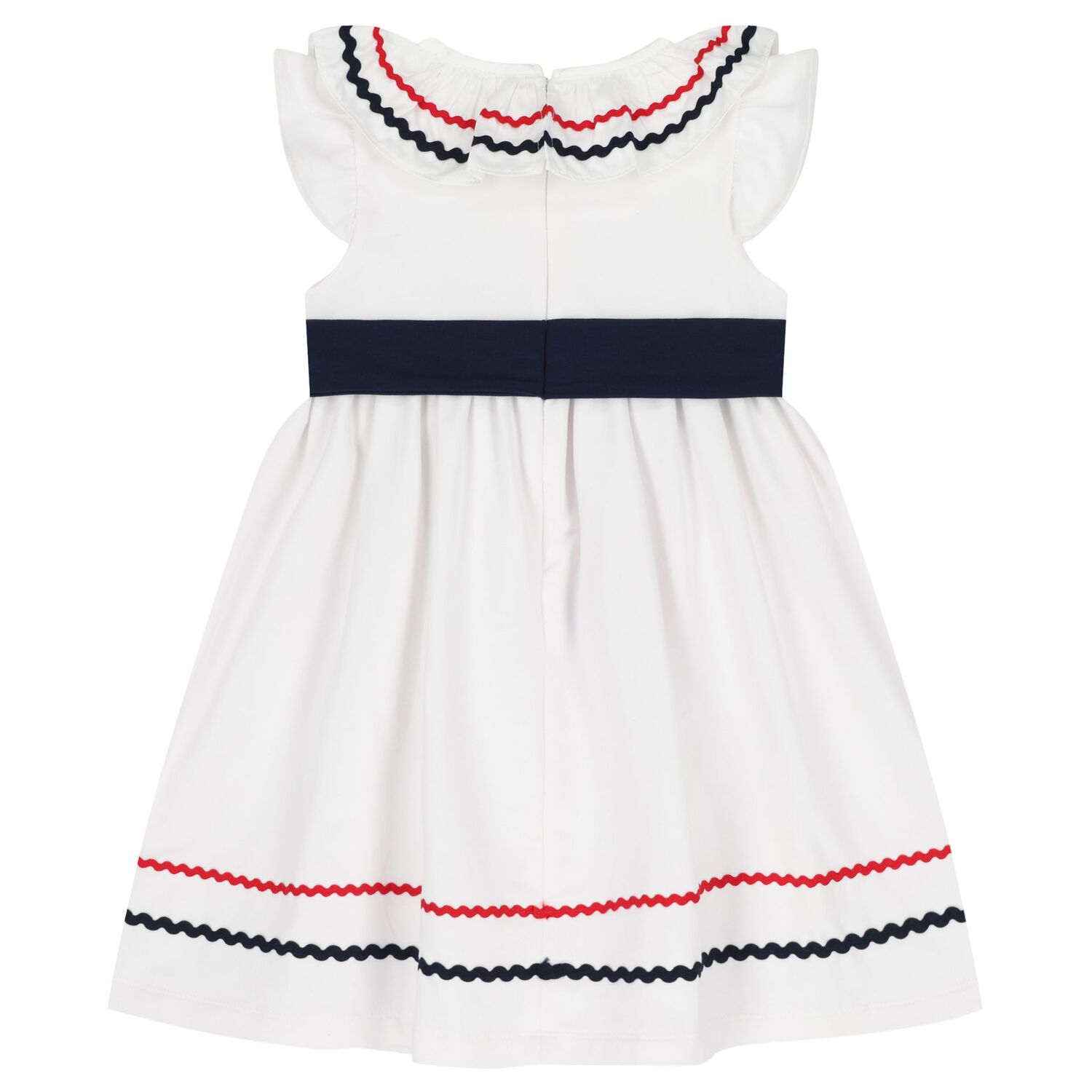 Girls White & Navy Blue Bow Dress, 1, hi-res