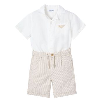Boys White & Beige Shorts Set