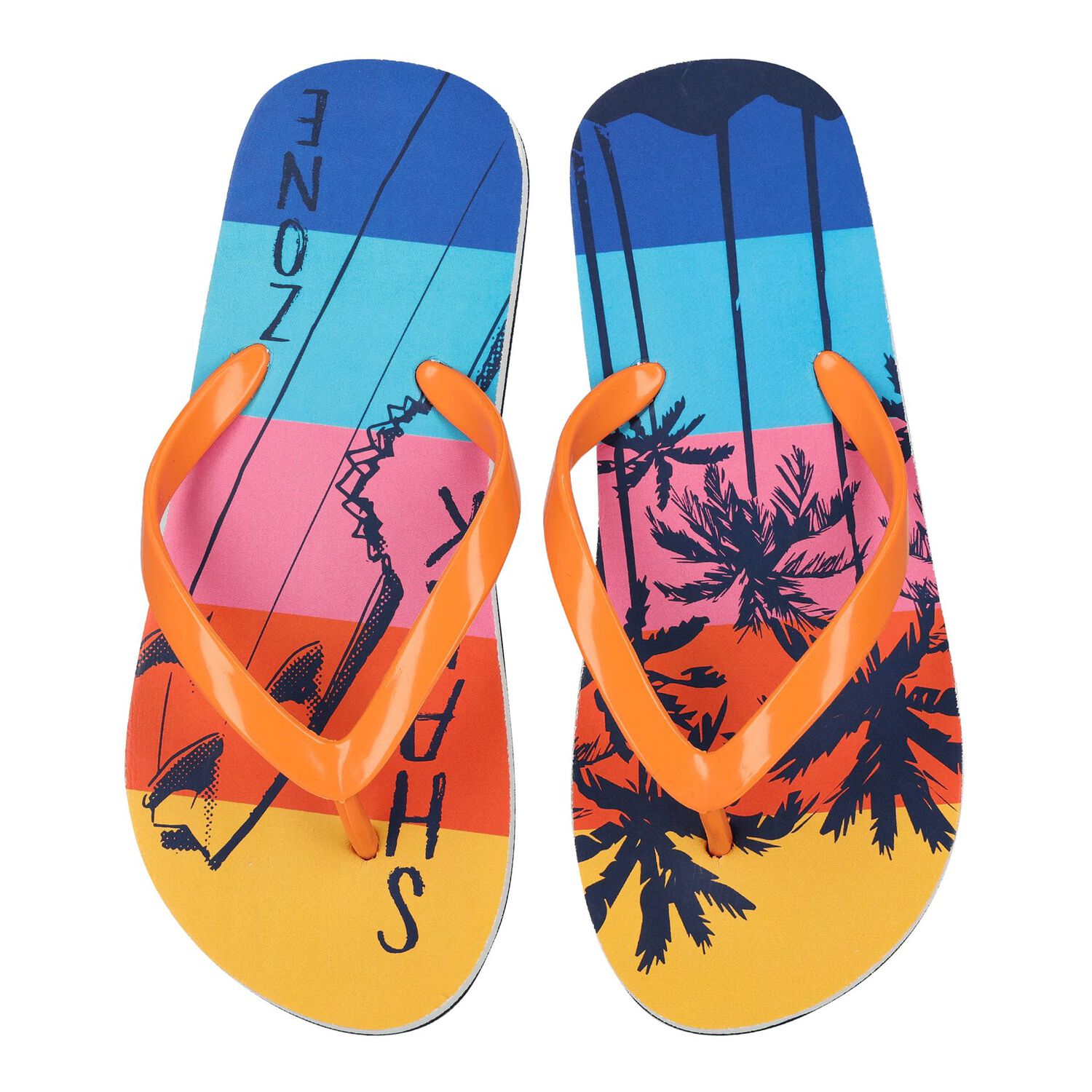 Boys Multi-Coloured Palm Tree Flip Flops, 1, hi-res