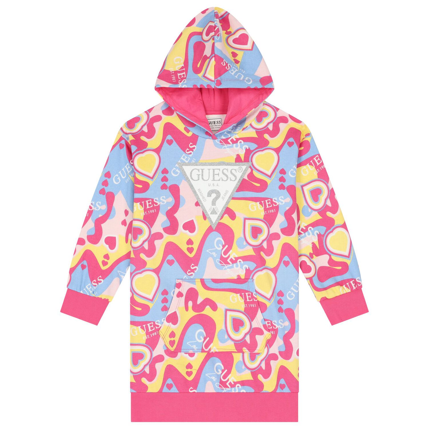 Girls Multi-Coloured Logo Hooded Dress, 2, hi-res