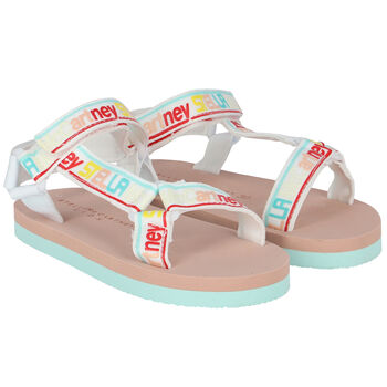 Girls White, Beige & Aqua Logo Sandals