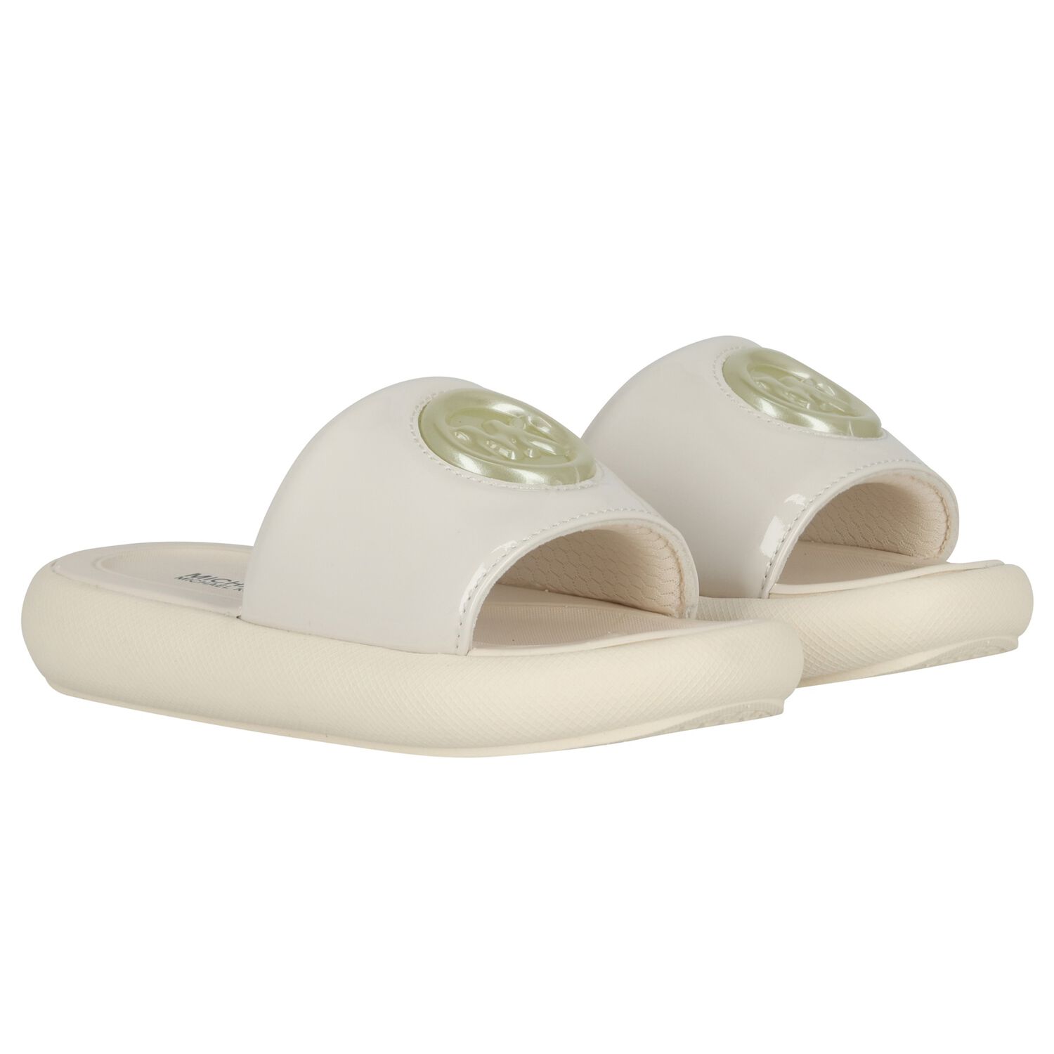Girls Beige Patent Leather Sliders, 1, hi-res