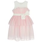 Girls White & Pink Bow Tiered Dress, 1, hi-res