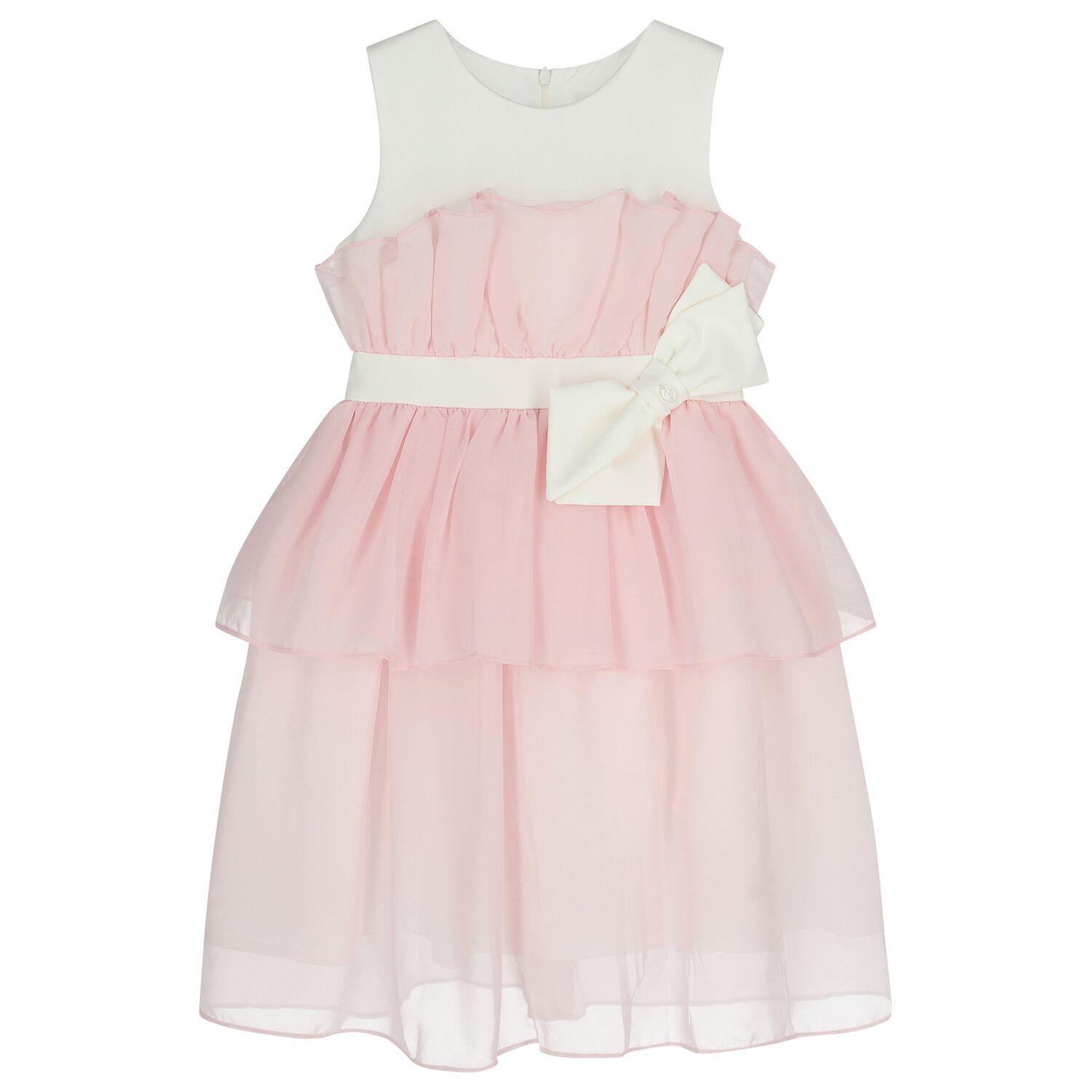 Girls White & Pink Bow Tiered Dress, 1, hi-res