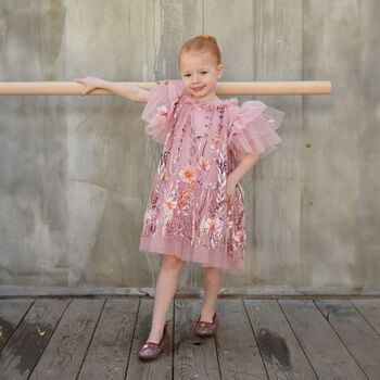 Girls Pink Floral Sequin Tulle Heather Dress