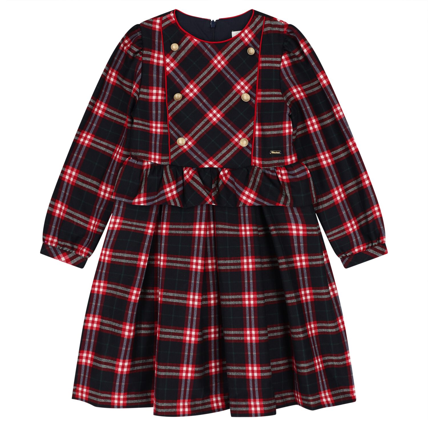 Girls Navy Blue & Red Tartan Dress , 1, hi-res