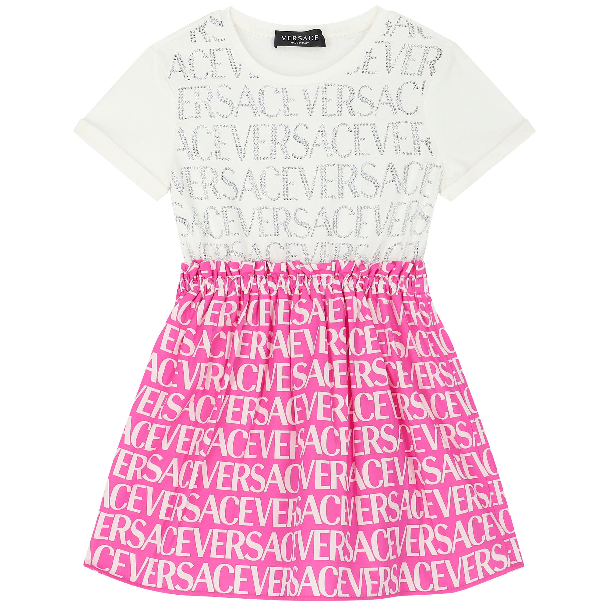 Versace Girls Ivory Pink Embellished Logo Dress Junior Couture UAE