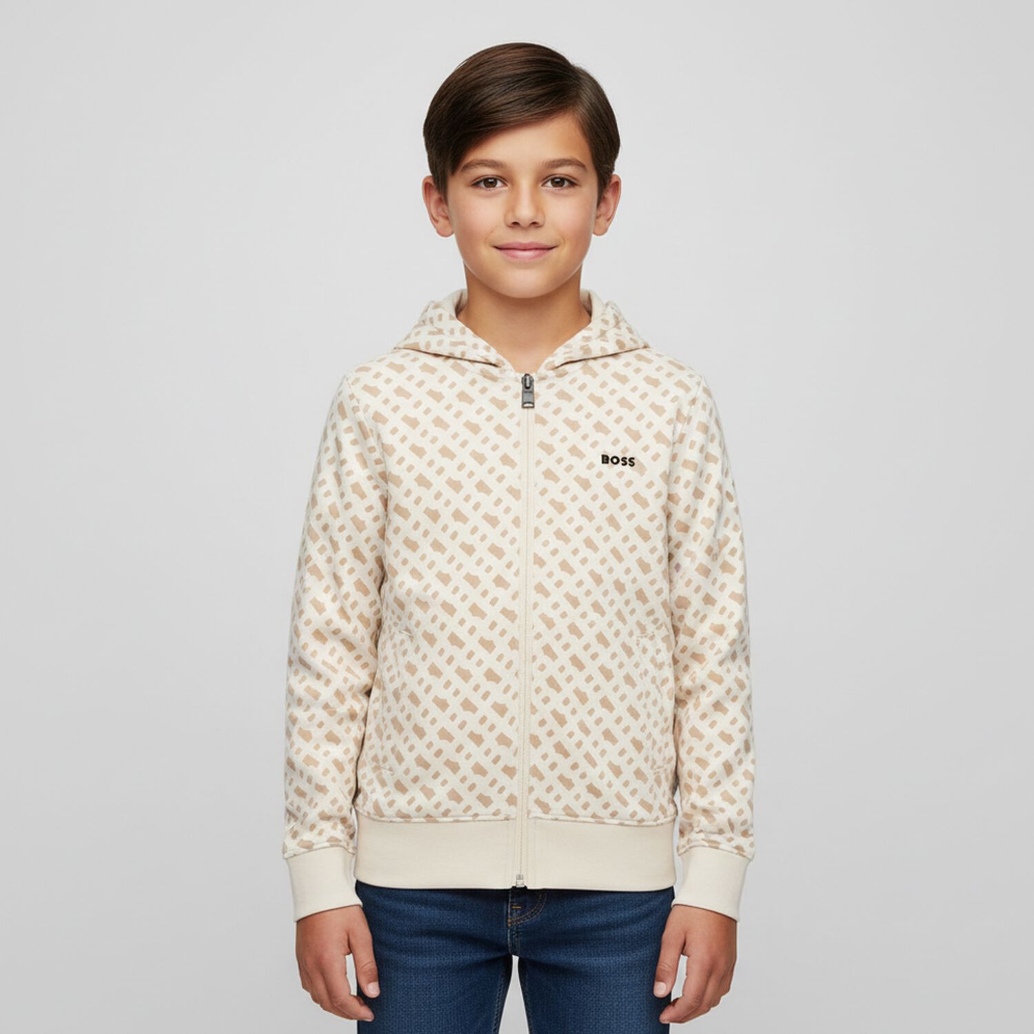 Boys Beige Logo Zip Up Top, 1, hi-res image number null