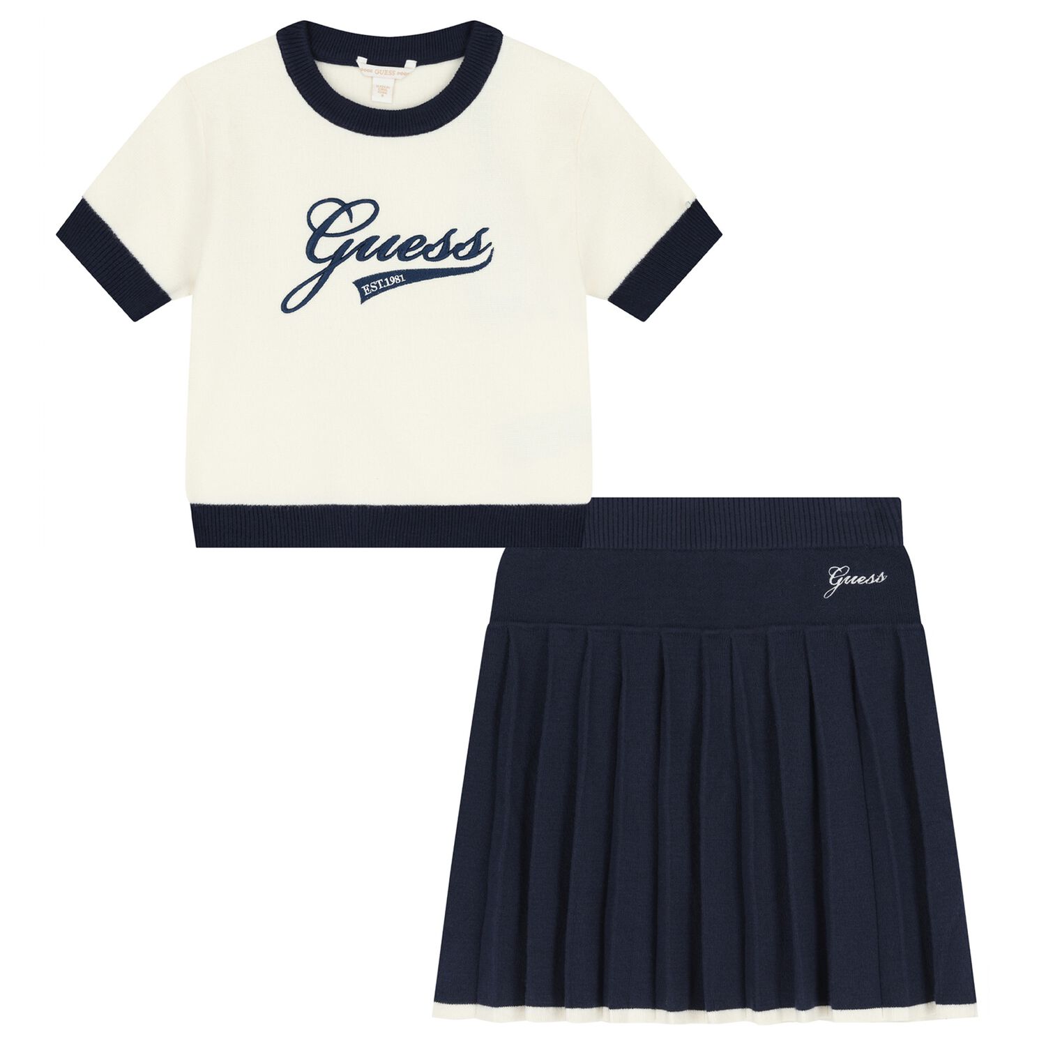 Girls Ivory & Navy Blue Logo Knit Skirt Set, 1, hi-res