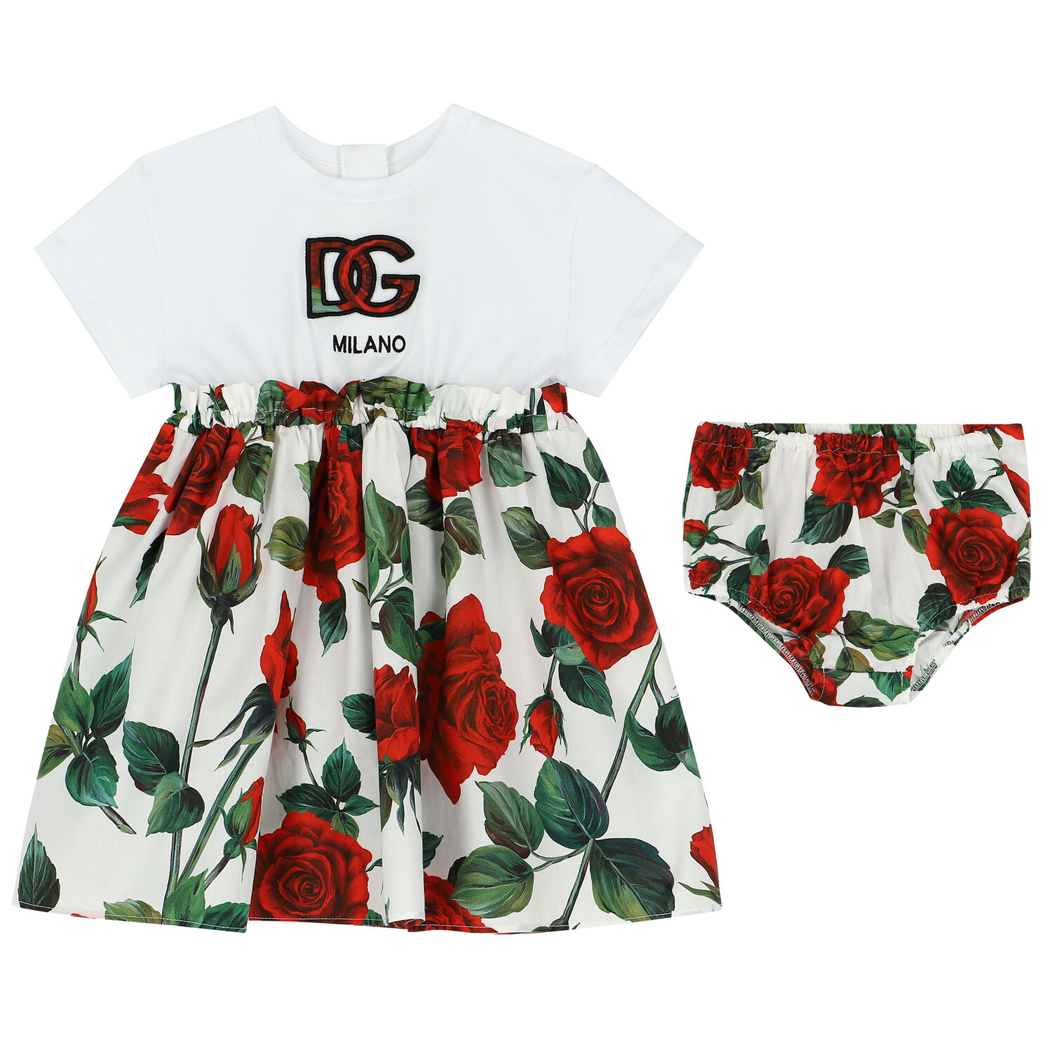 Younger Girls White & Red Rose Dress Set, 1, hi-res