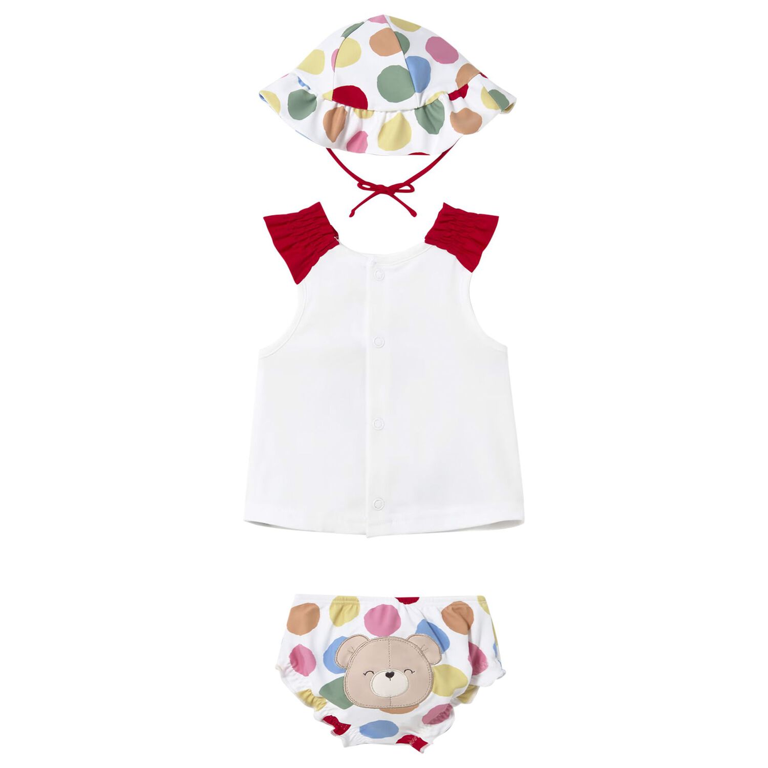 Baby Girls White & Red Swimsuit Set with Hat, 1, hi-res