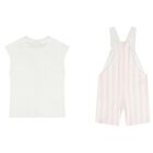 Baby Girls White & Pink Striped Logo Dungaree Set, 1, hi-res
