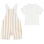 Baby Boys White & Beige Striped Logo Dungaree Set, 1, hi-res