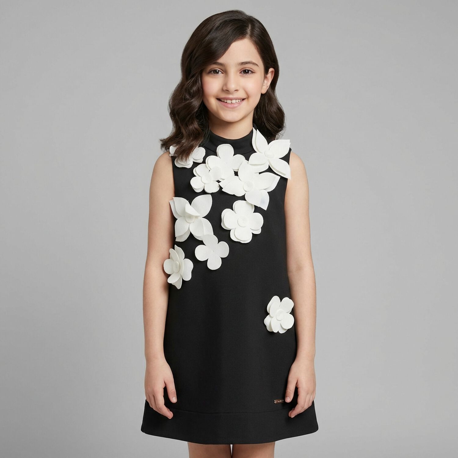 Girls Black & White Floral Dress, 1, hi-res