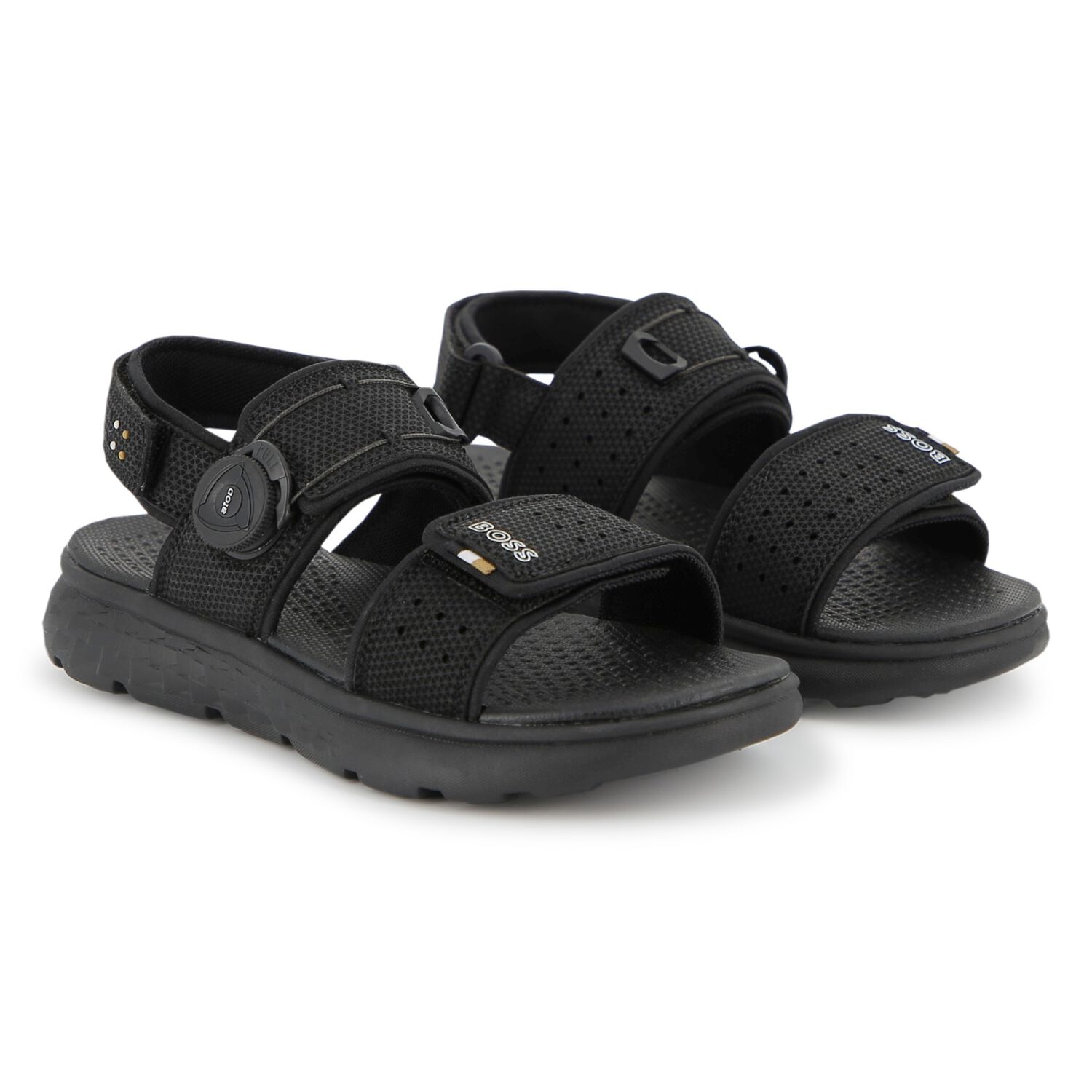 Boys Black Logo Sandals, 1, hi-res