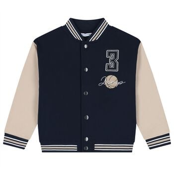 Boys Navy Blue & Beige Basketball Bomber Jacket