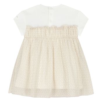 Younger Girls White & Beige Logo Dress
