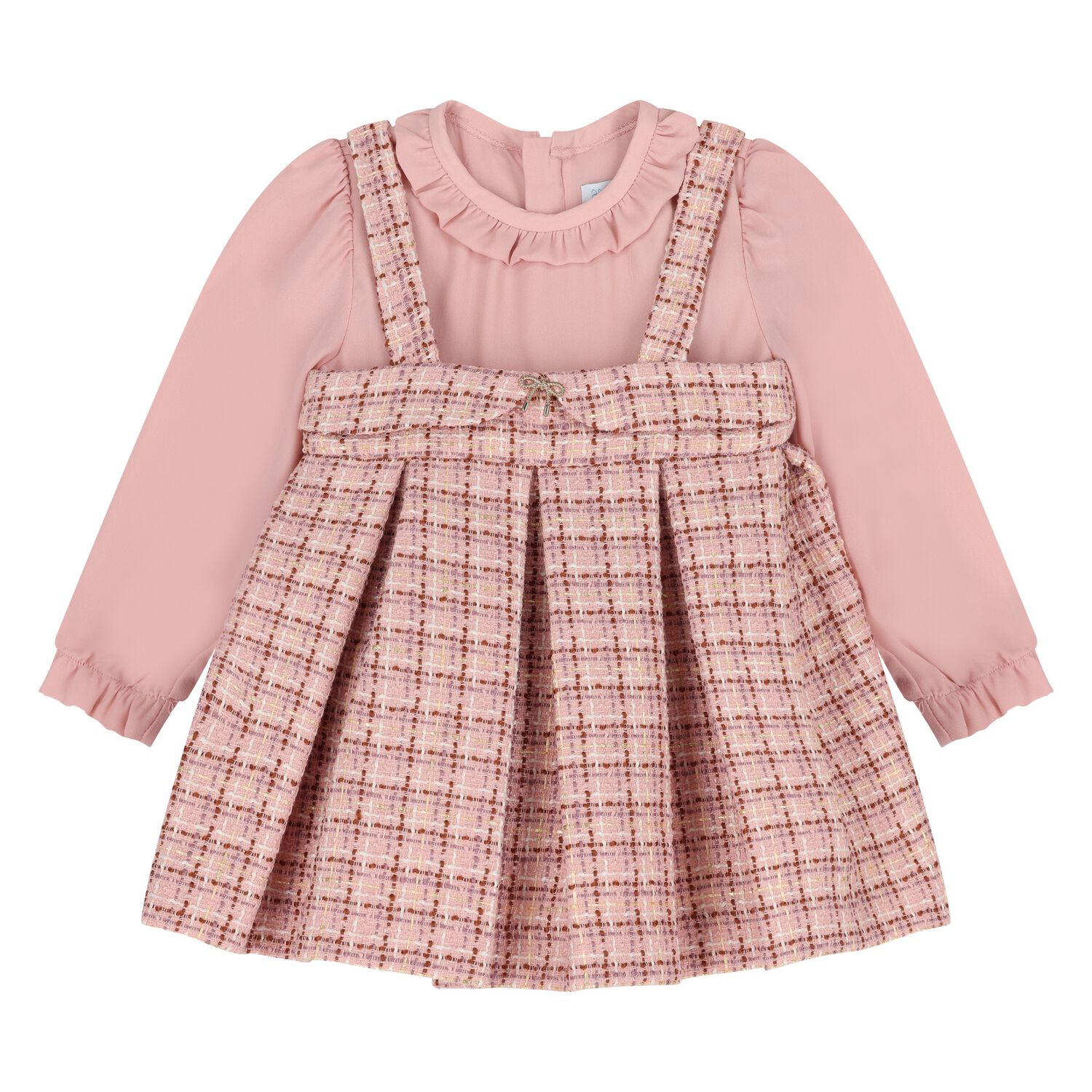 Younger Girls Pink Tweed & Crêpe Chiffon Dress, 1, hi-res