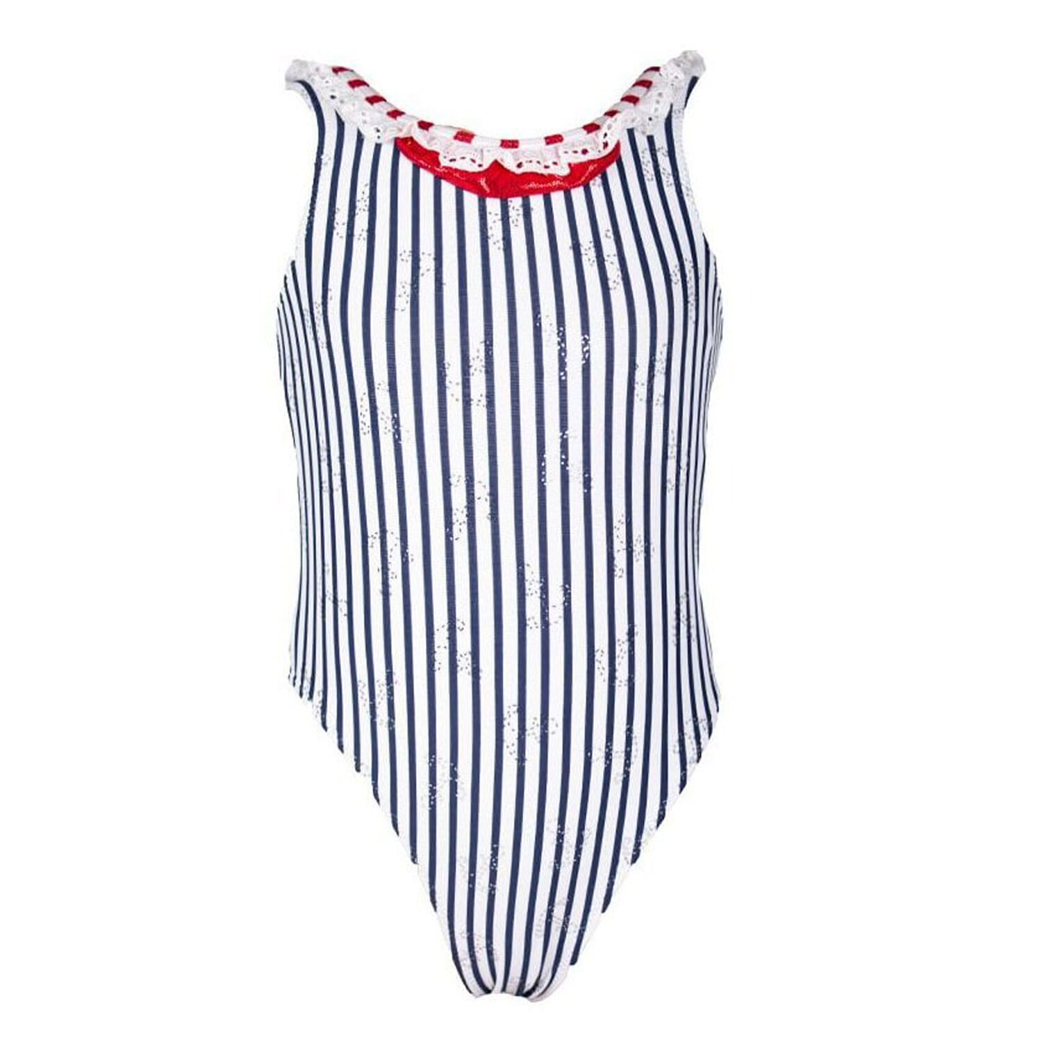 Girls Navy and White Stripped Swimsuit, 1, hi-res