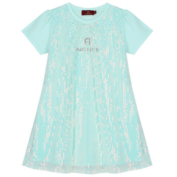 Girls Aqua Sequin Logo Dress