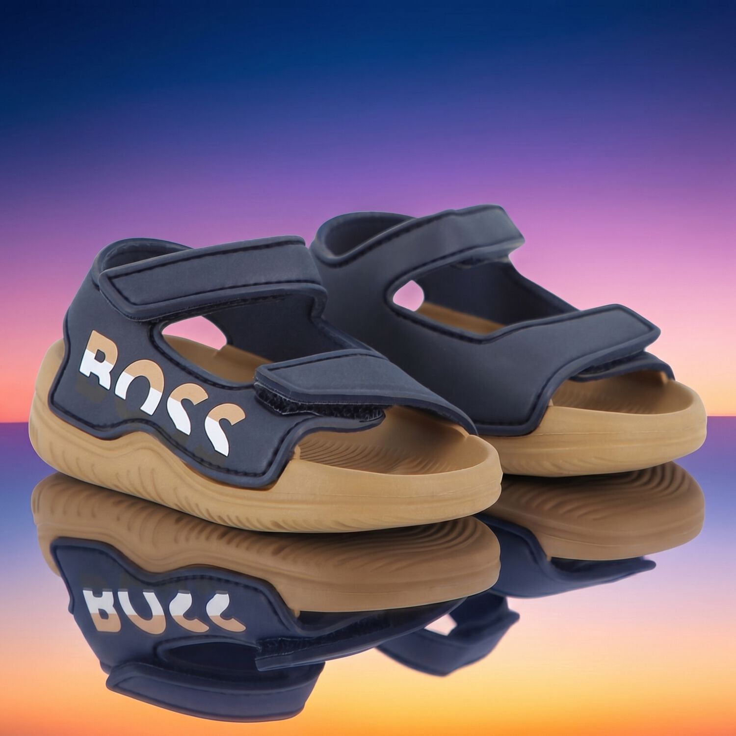 Boys Navy Blue & Beige Logo Sandals, 3, hi-res