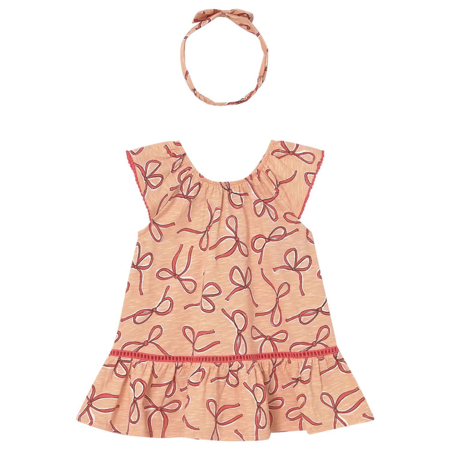 Younger Girls Beige Bow Dress Set, 1, hi-res