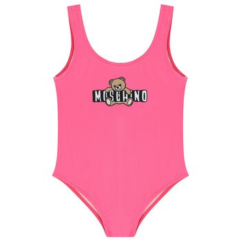 Girls Pink Teddy Bear Logo Swimsuit