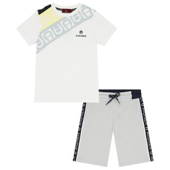 Boys White & Grey Logo Shorts Set