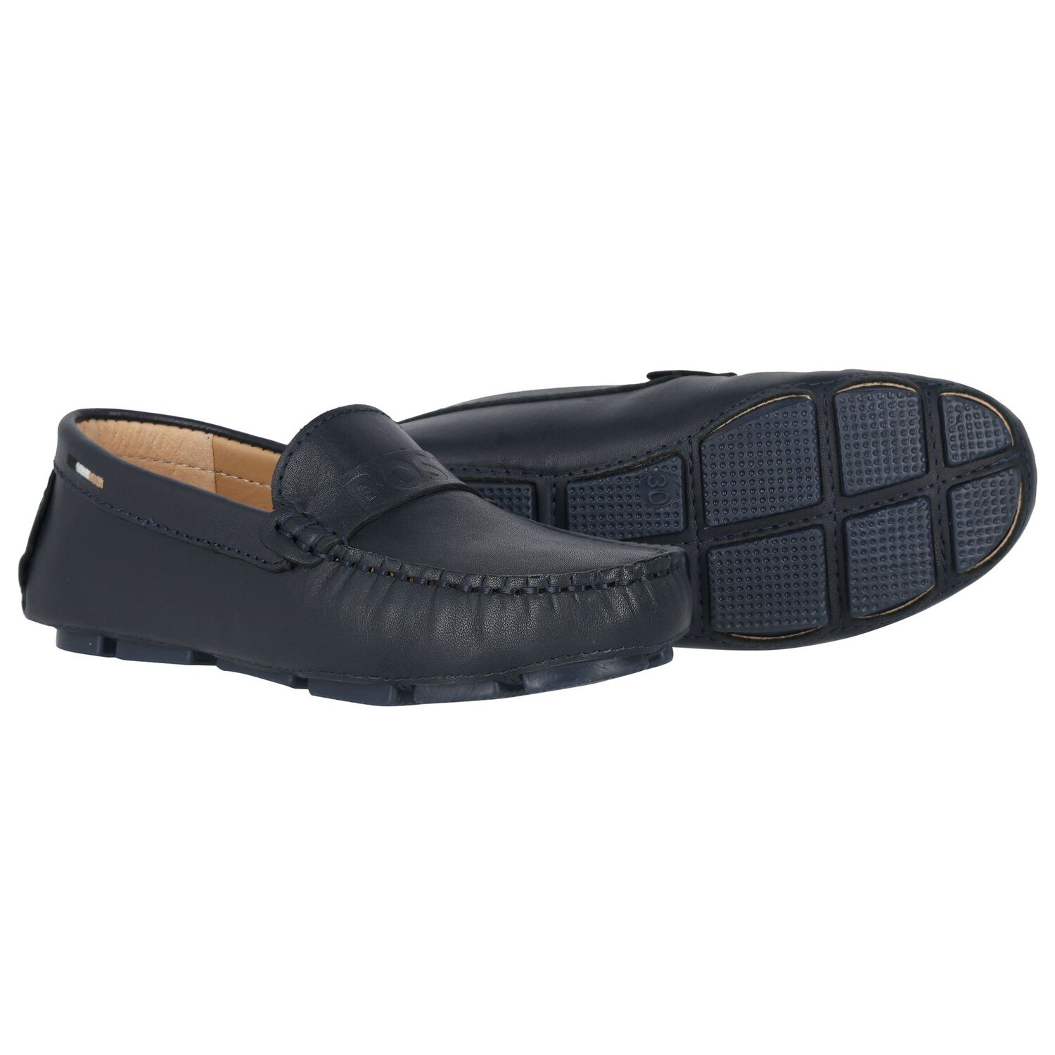 Boys Navy Blue Logo Moccasins, 2, hi-res image number null