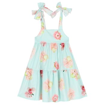 Girls Blue Floral Bow Dress