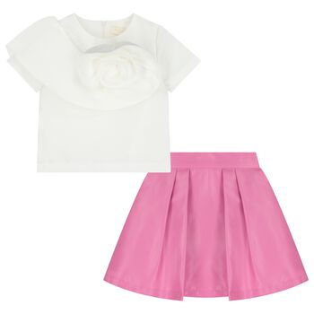 Girls White & Pink Flower Skirt Set